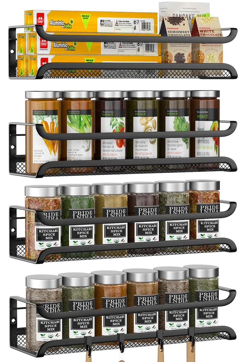 TRAYINDALY Especieros Para Cocina, 4 Piezas Especiero Pared, Organizador Cocina Con 4 Ganchos Móviles, Organizador Especias Cocina Sin Taladrar, Spice Rack Negro para Cocina Armarios y Baño