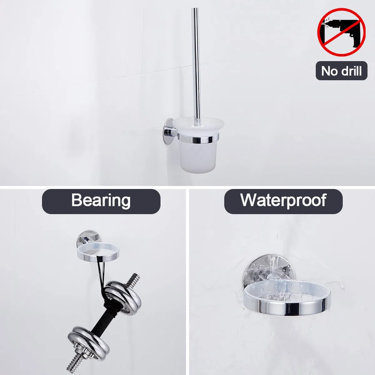 Escobillas de Baño Pared sin Taladro Escobilla WC Cromo Aceros Inoxidable con Adhesivo Soporte Escobilla de Pegar Escobillero Baño con 2 Cepillo Inodoro Blanco y Portaescobillas de Vidrio