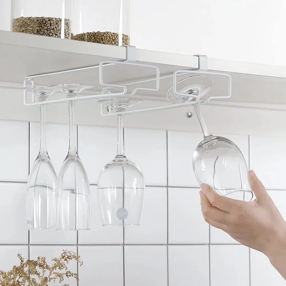 4 Piezas Soporte para Copas de Vino Colgante, Colgador Copas Sin Taladrar de Metal Estante para Colgar Copas para Cocina Bar Restaurante (Blanco)