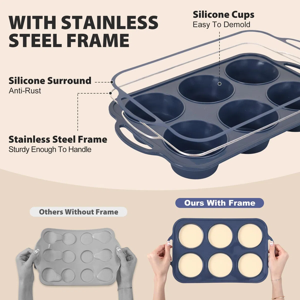 SUPER KITCHEN Grande Moldes Magdalenas Silicona con Asas, 6 Huecos, Esqueleto Metálico Externo, Antideslizante, Hornear Muffins y Cupcakes, Libre de BPA, Gris