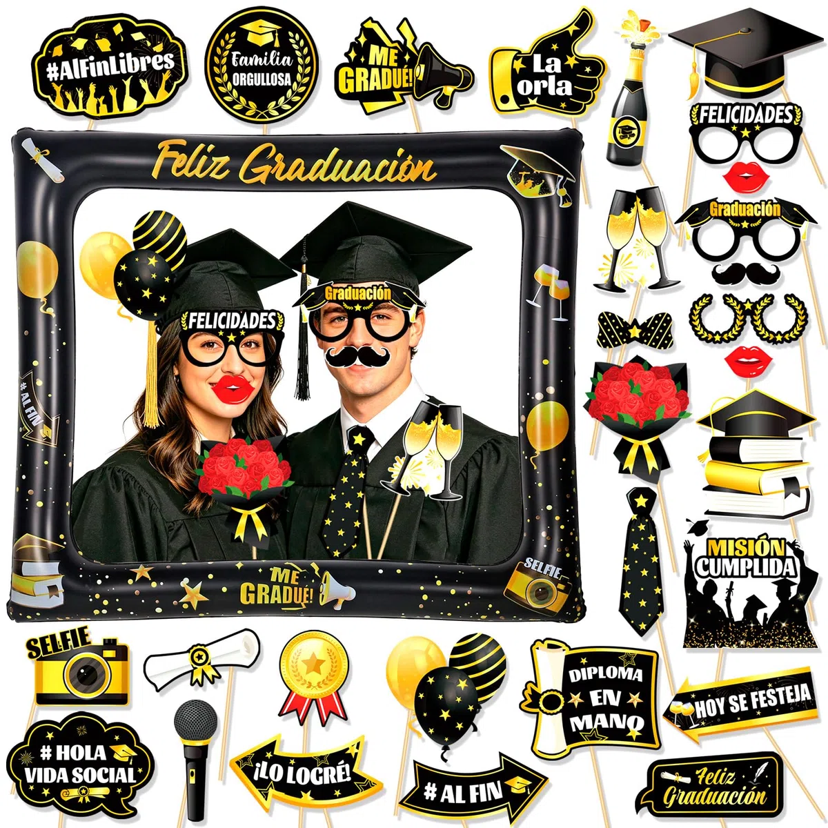 HOWAF Accesorios Photocall Graduación, Photocall Feliz Graduación Marco de Fotos Inflable Gafas para Decoracion Graduacion 2026, Oro Blanco, Set A