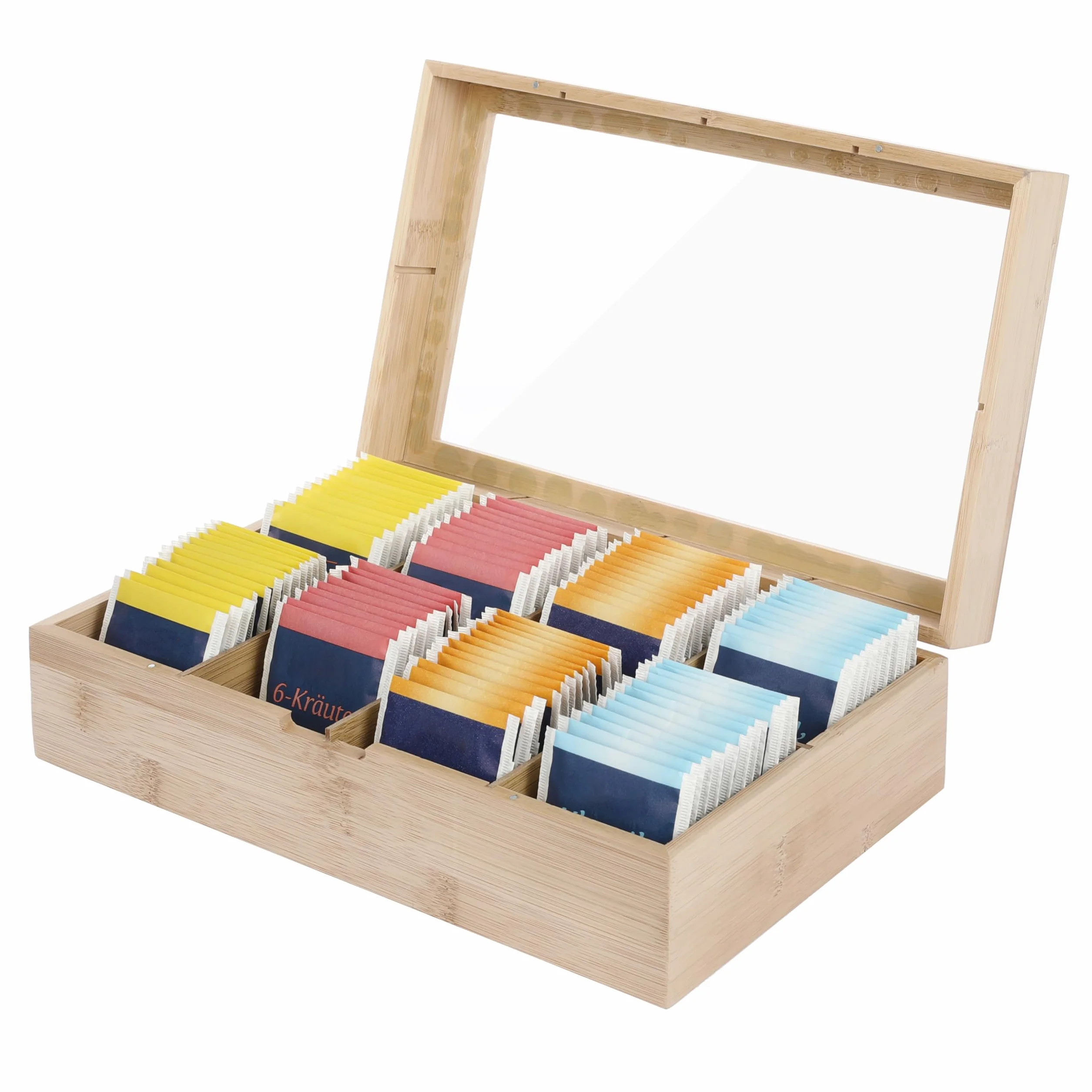 Caja de té de bambú de madera con 8 compartimentos y ventana – Ideal para bolsas de té, té, café, especias o como regalo