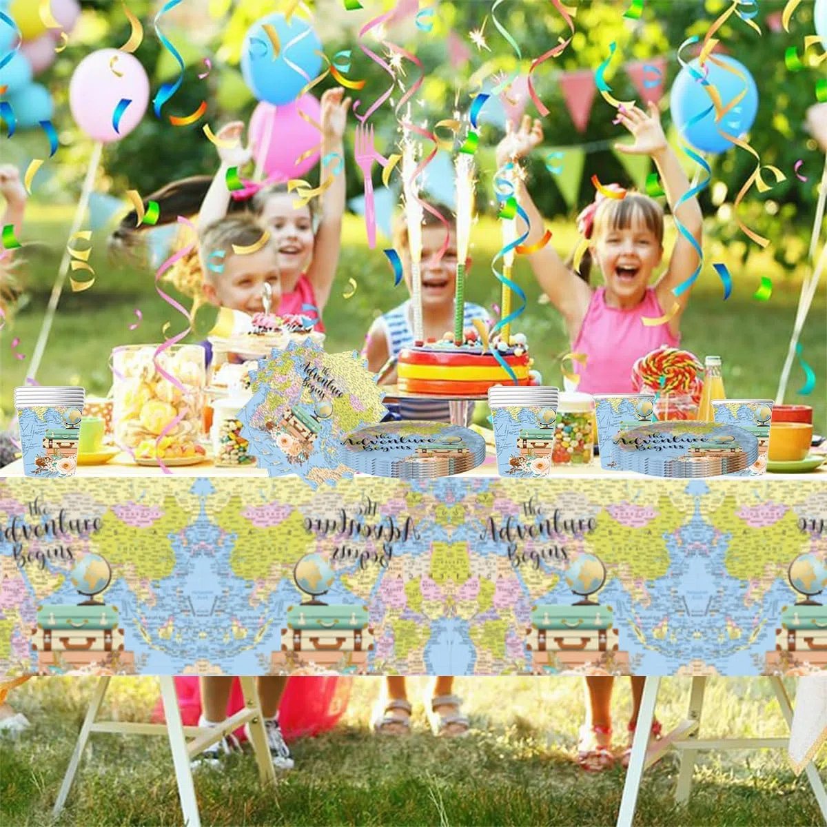Vajilla para fiesta de Explorador de viaje, 61 piezas Aventurero Vajilla de cumpleaños niños, Mapa del mundo Juego de platos de papel para fiesta, Incluye vasos, servilleta y mantele