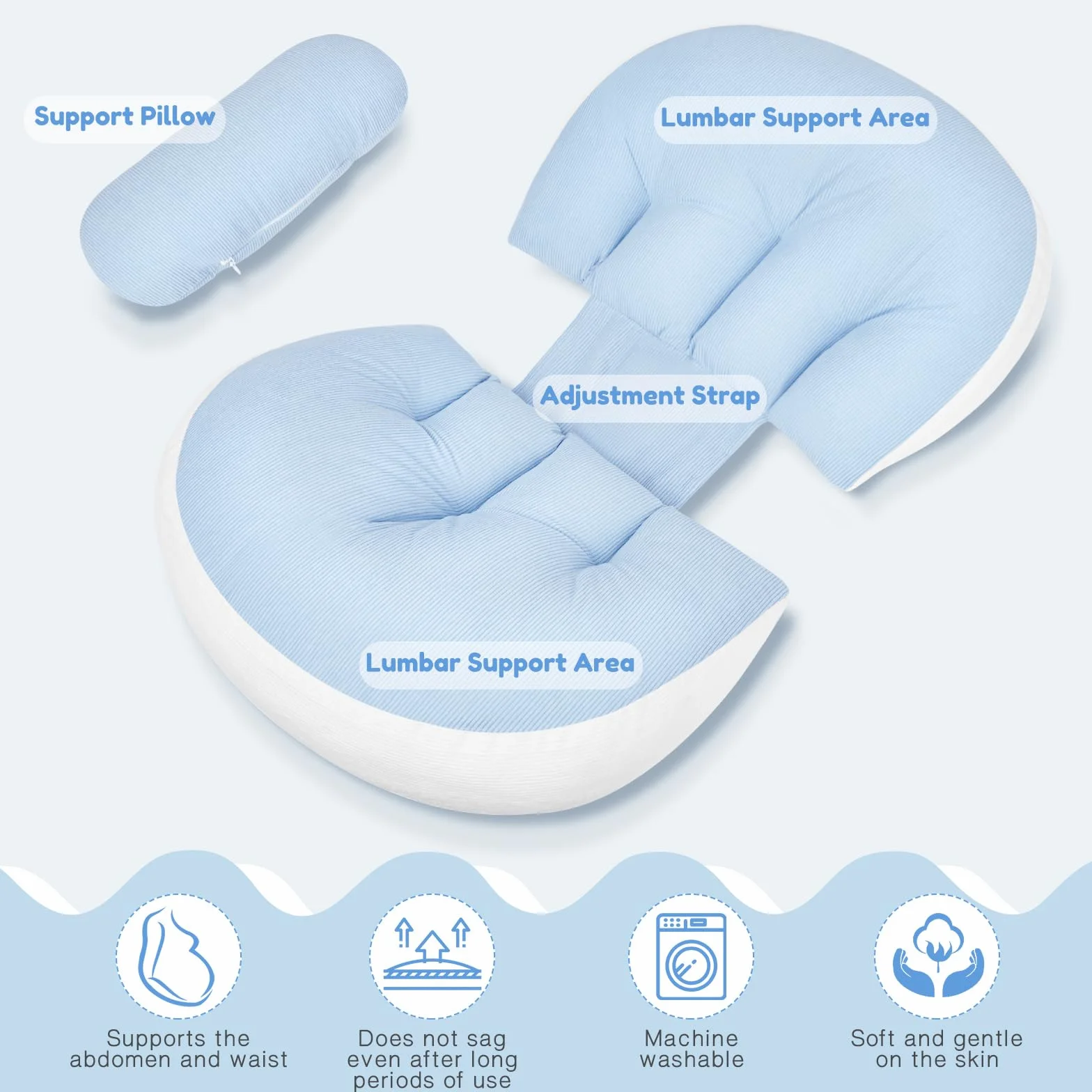 Almohada Embarazada, Ajustable Pregnancy Pillow, Suave Y Cómodo Almohada para Embarazadas para Apoyo De Espalda, Caderas, Doble Cuña Extraíble con Funda, La Mejor Momo Embarazada (Azul)