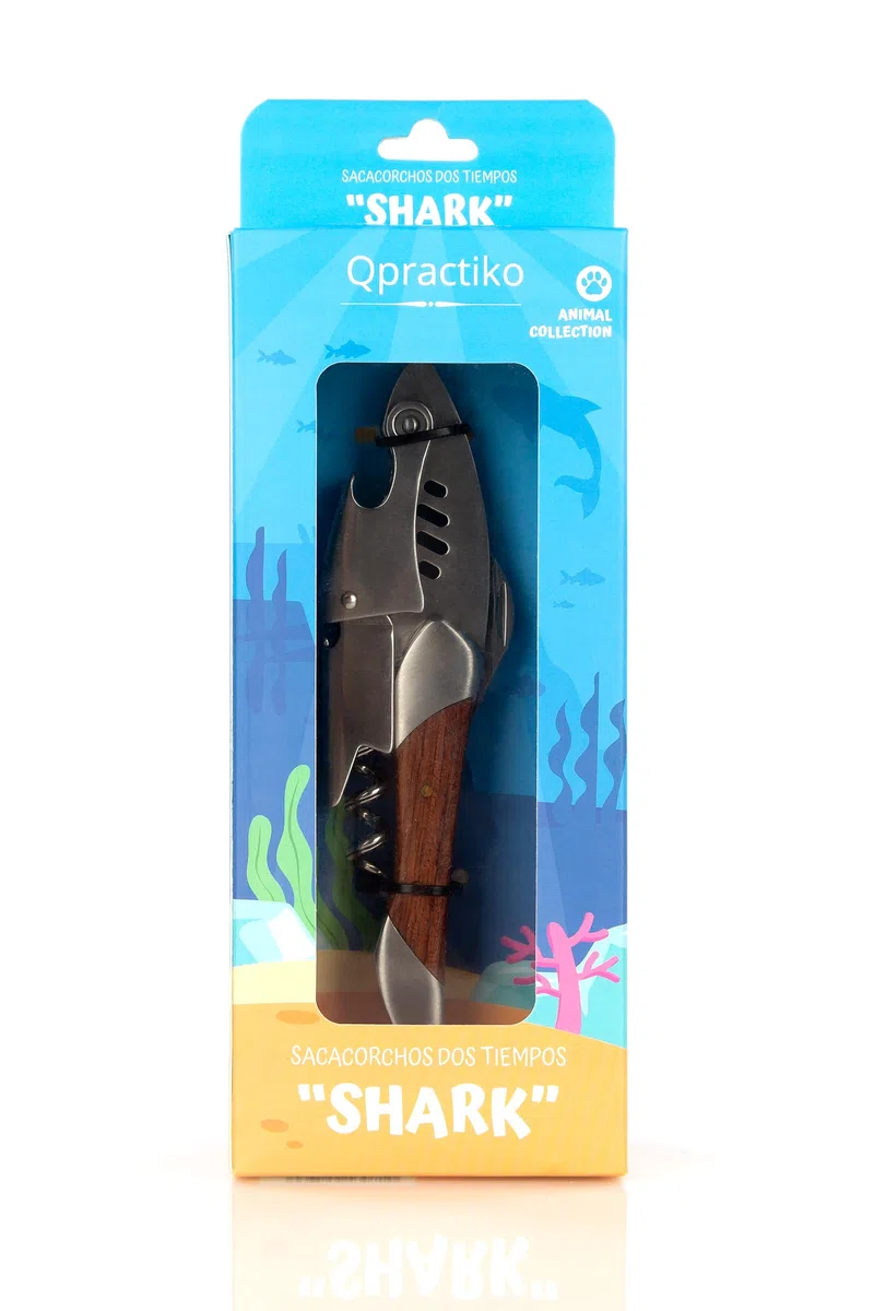 Sacacorchos Shark de camarero ergonómico | Espiral de acero inoxidable reforzado, Mango de madera noble, Cuchilla curva, Abrebotellas integrado