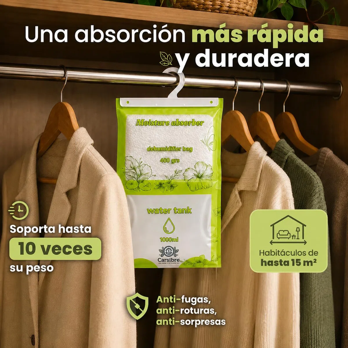Bolsas Antihumedad Armarios 400g con Depósito 1L – Pack 8 (3,2 kg) – Deshumidificador Colgante Antimoho – Absorbe Humedad hasta 4 Meses – Sin Fragancia – Baños y Trasteros