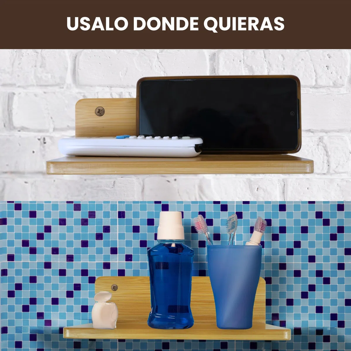 ️ 2 Baldas de Pared Sin Agujeros de Madera Bambu Pequeñas + 2 Adhesivos + 4 Tornillos con Tacos + 4 Clips Recoge Cables | Repisas de Pared sin Taladro | Estanteria Sin Agujeros (22 x 9,5 cm)