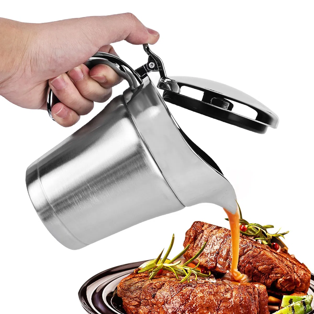 Salsera térmica de acero inoxidable, 500 ml, con doble aislamiento, elegante jarra de salsa, acero inoxidable 304, salsera térmica con tapa, jarra para salsas, recipiente para salsas y salsas