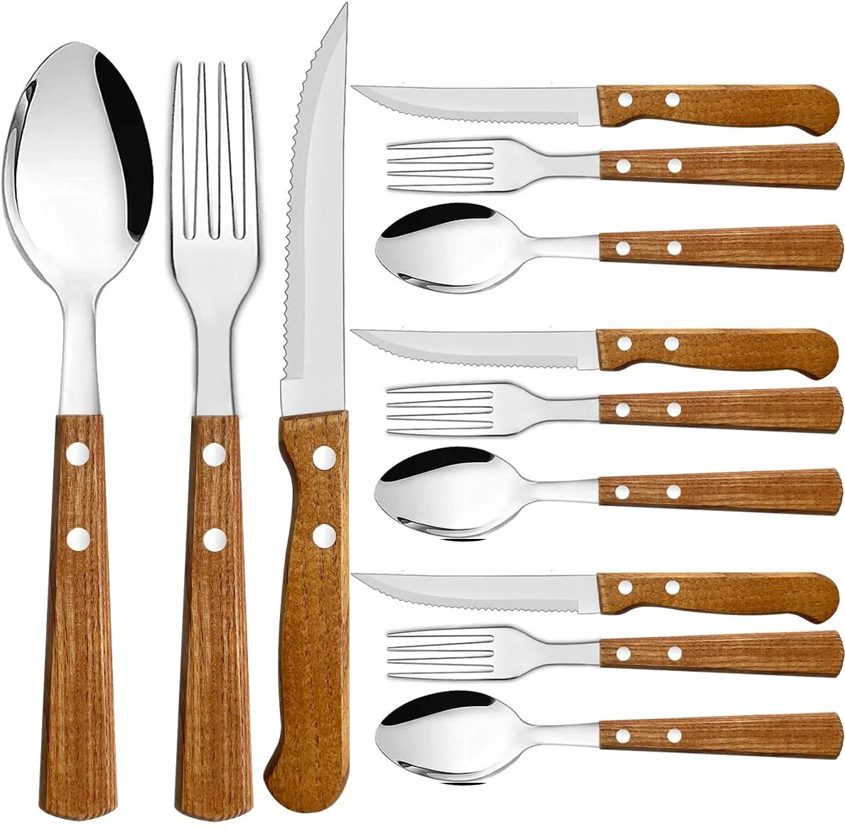 Juego de 12 Cubiertos con Mango de Madera Natural, Cubertería en Acero Inoxidable -Incluye Cuchillos, Tenedores y Cucharas (4 Comensales)