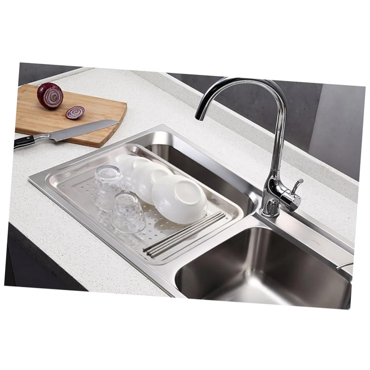 Cabilock Bandeja Escurridora Rectangular Orificios Esquinas de Acero Inoxidable Diseño Sólido y Bordes Suaves para Accesorios de Cocina Multifuncional