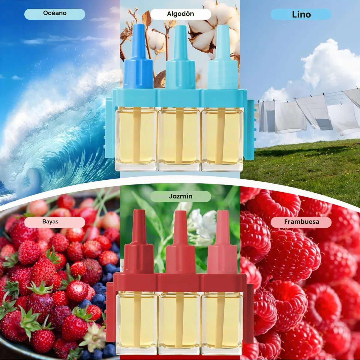 Ambipur 3VOLUTION Recarga Ambientador 160 ml 8 recambios Primavera Lino Algodón Océano Frambuesa Jazmín Frutos Rojos