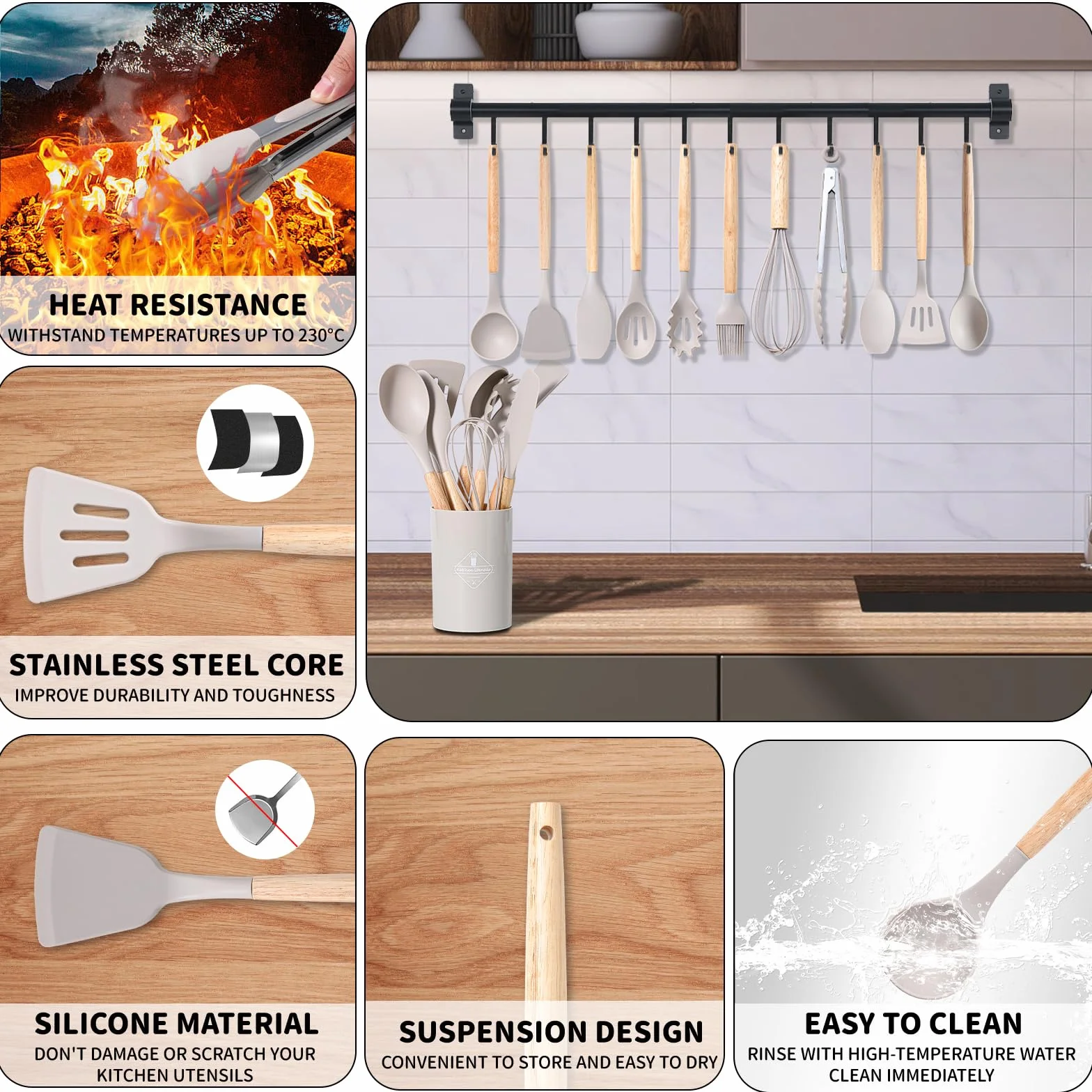 12 Piezas Juego de Utensilios de Cocina de Silicona, Fabricado en Silicona y Mangos de Madera, Resistente al Calor Antiadherente, Utensilios Cocina Apto para Todas Las Ollas y Sartenes