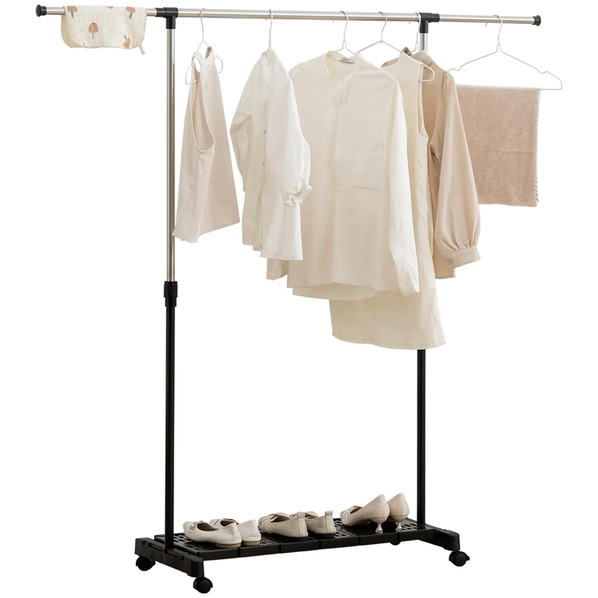 HOMCOM Tendedero Extensible con Ruedas, Tendedero de Ropa con Barra de Acero Inoxidable y Estante para Zapatos, Altura Ajustable, para Interior, Negro y Plata