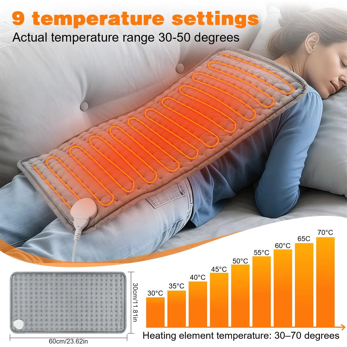 CAUTIOUS Almohadilla Electrica, 30x60cm, Manta Eléctrica 9 Configuraciones de Calor, 2 Temporizadores, Manta Eléctrica para Cuello, Espalda y Zona Lumbar, Lavable a Máquina Regalo para Mamá, Papá, Abu