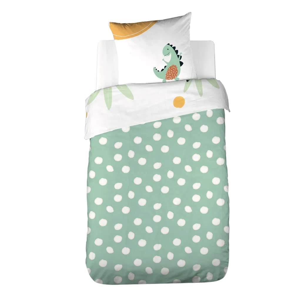 Côte Deco - Juego de cama infantil reversible de dinosaurios prehisto verde, funda nórdica de 140 x 200 cm y 1 funda de almohada de 63 x 63 cm