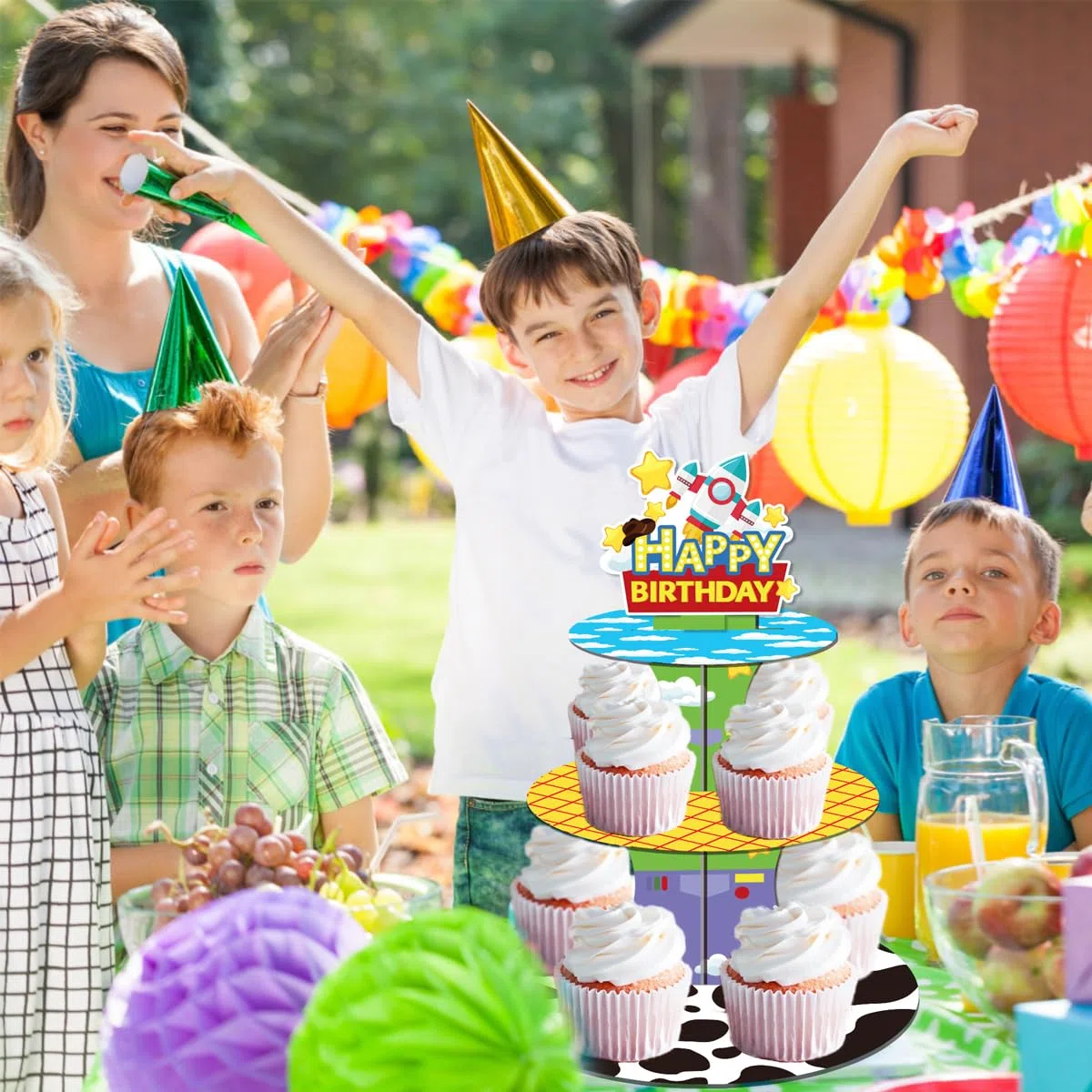 Soporte para Cupcakes de Cartoon Story, Película Animada Torre de postres de 3 Pisos, Decoración de la Tarta Tema Toy, para Decorativo de Fiestas de cumpleaños para niños y Adultos