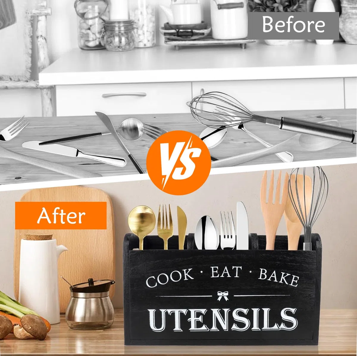 Soporte Utensilios Cocina con 3 Compartimentos & Parte Inferior Drenaje, Bote Organizador de Cocina Madera, Almacenamiento Cubiertos Granja para Decoración Encimera, Herramientas, Cucharas, Espátulas