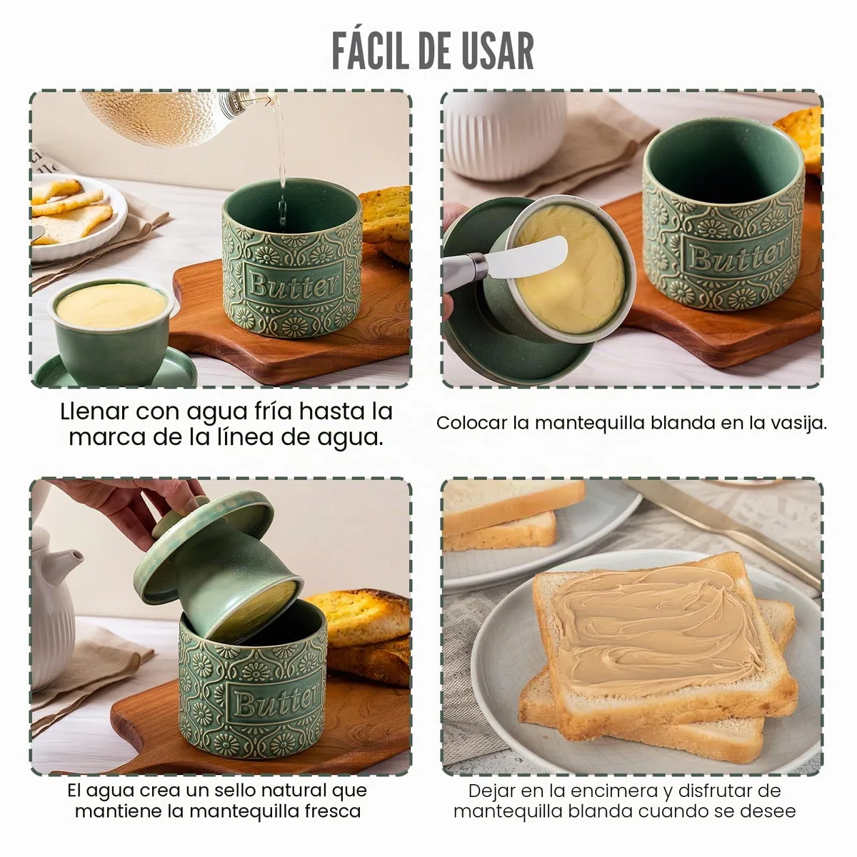 Mantequera francesa de cerámica PORFOYO, 200 ml, con tapa, enfriada por agua, con cuchillo de mantequilla, para mantequilla fresca y untable