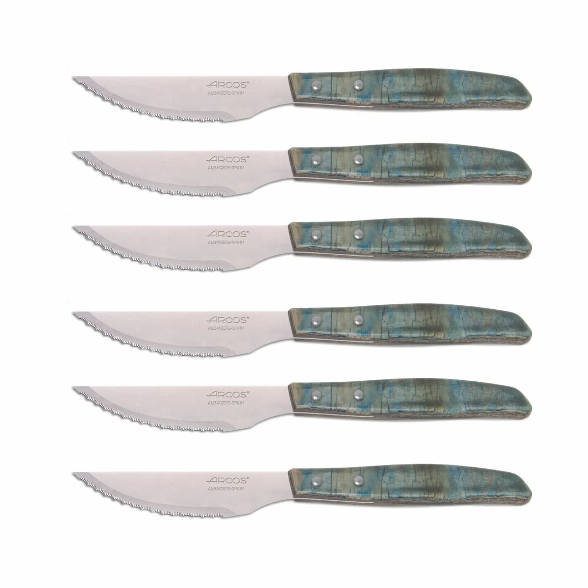 Arcos Serie Cuchillos de Mesa - Juego de Cuchillos Chuleteros 6 piezas - Hoja de Acero Inoxidable NITRUM de 110 mm - Filo Serrado - Mango Madera Comprimida - Color Azul