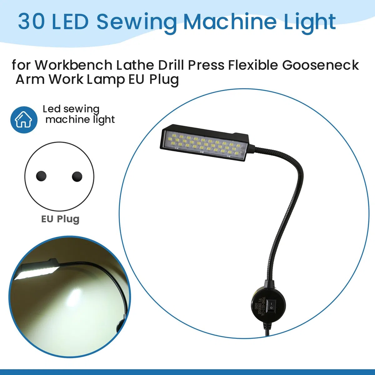 30 LED para MáQuina de Coser IluminacióN Luz para Coser para Banco de Trabajo, Torno, Taladro, Prensa, Brazo de Cuello de Cisne Flexible, LáMpara de Trabajo, Enchufe de la UE