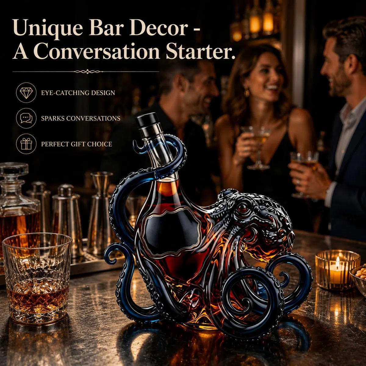 Botella decantadora de vidrio en forma de pulpo 3D artística de borsilicato de 350ml para whisky, vino, licores. Botella de vino de pulpo única, decoración náutica de bar, regalo coleccionable para