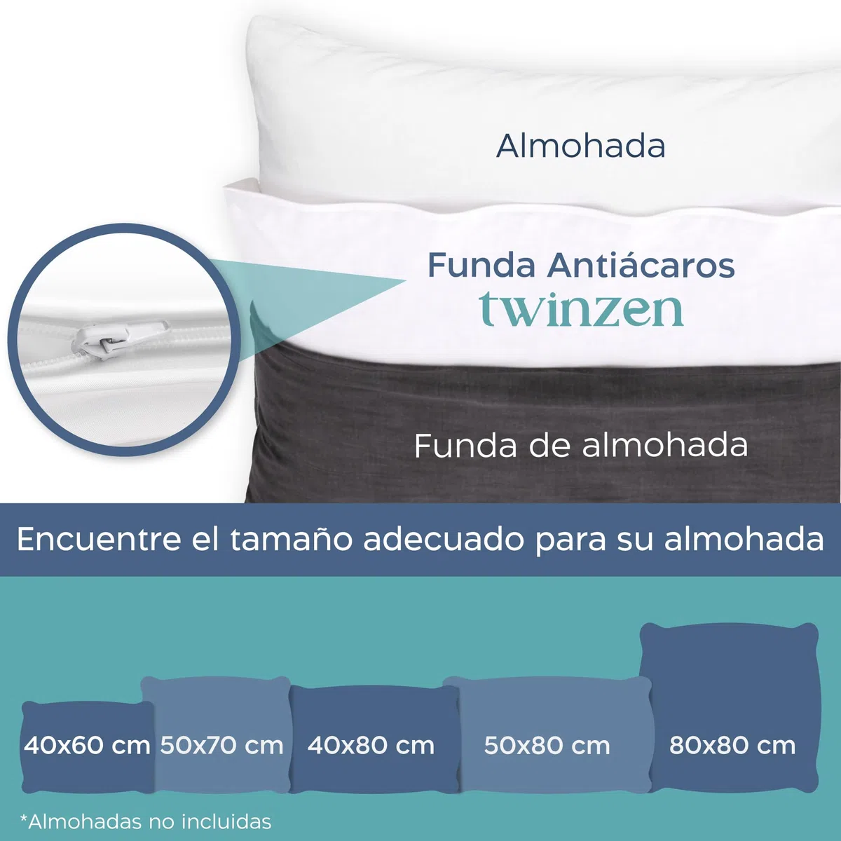 Twinzen Juego de 2 Protector Almohada 50x70 cm – Protectores Antiacaros con Cremallera - Transpirables y Oeko-Tex