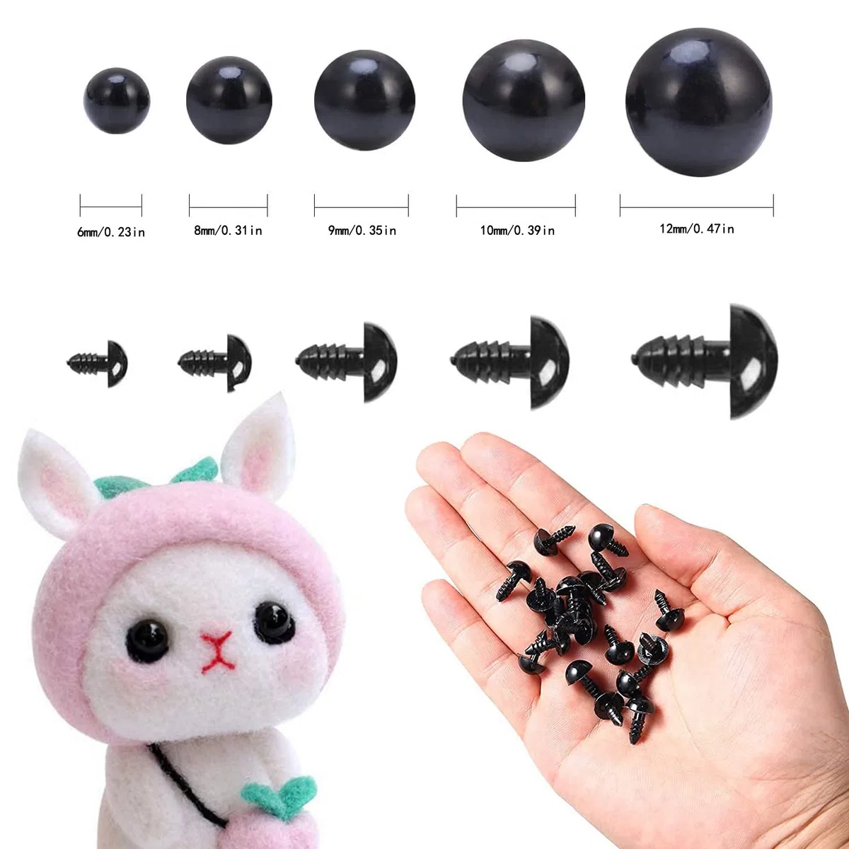 Ojos de Seguridad para Animales de Ganchillo, 100 Unidades de Plástico para Peluches y Muñecas, Con Arandelas para Manualidades (6-12 mm)