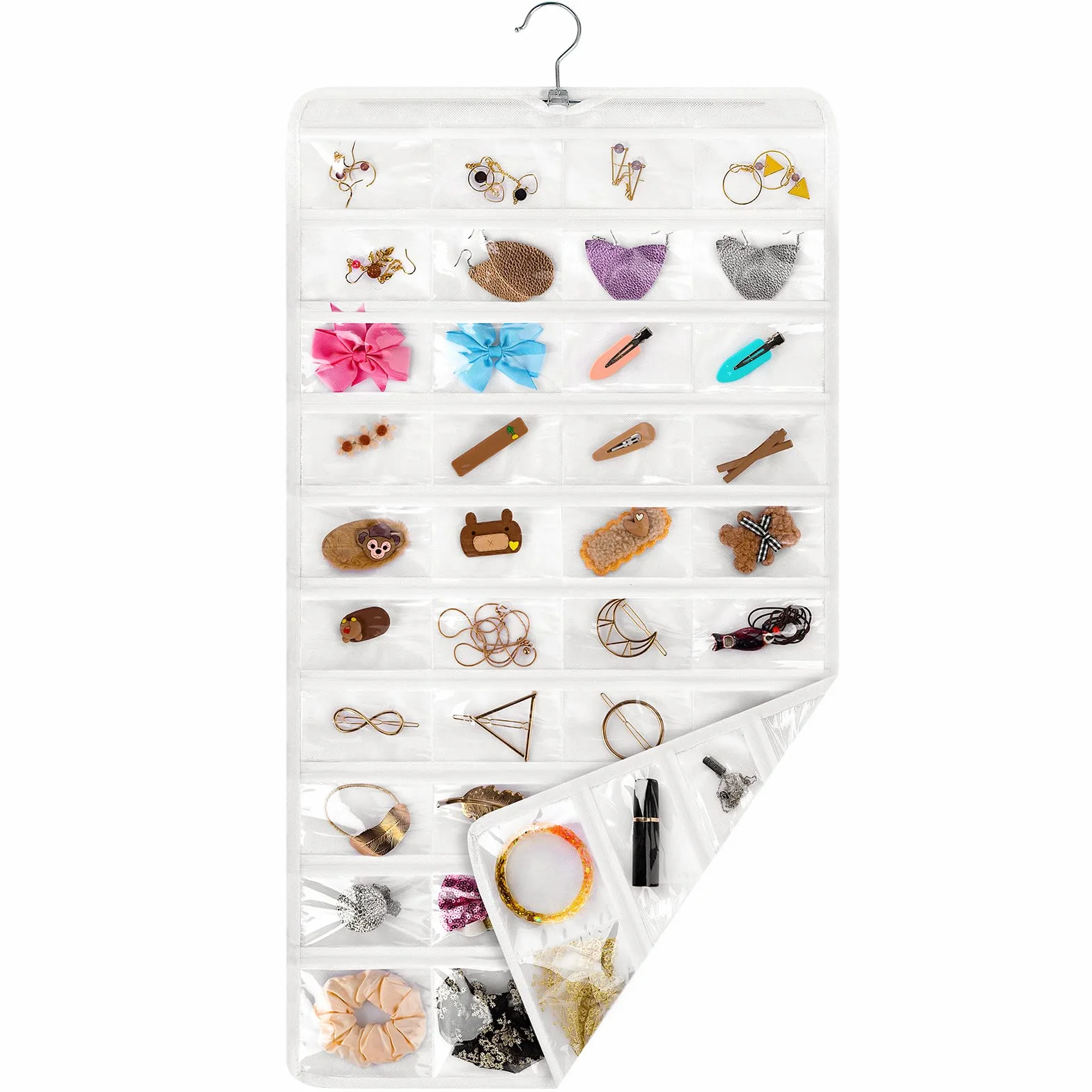 Organizador de Joyas Colgantes Bolsa de Almacenamiento Doble Cara con Gancho para Aretes Collar Pulsera Anillo 80 Bolsillos