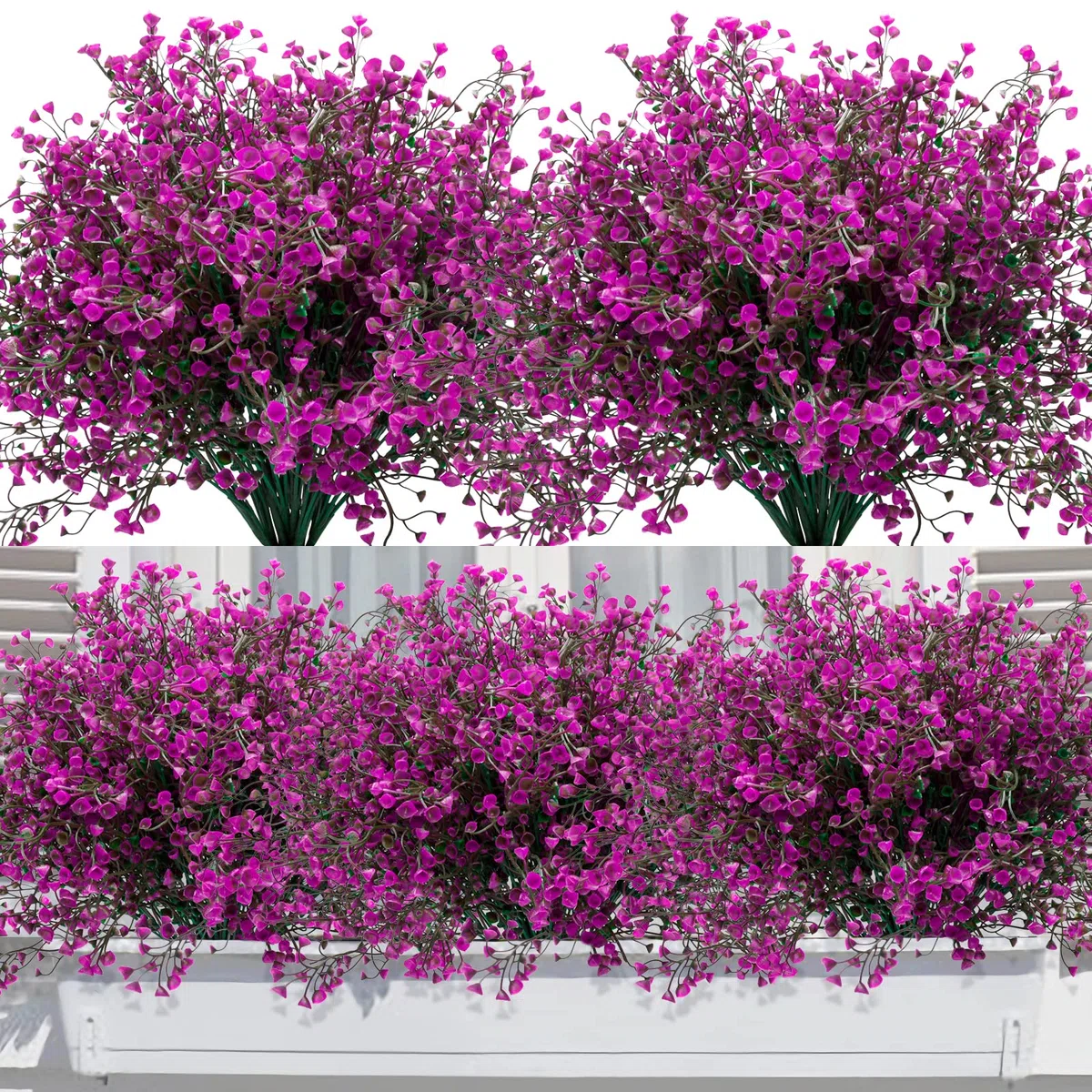 12 Ramos de Flores Artificiales Exterior Planta de Plastico Resistentes a los Rayos UV Arbustos Artificiales Decorativas Flor Falsa para Jarron, Jardinera, Balcon, Centro de Mesa (Fucsia)