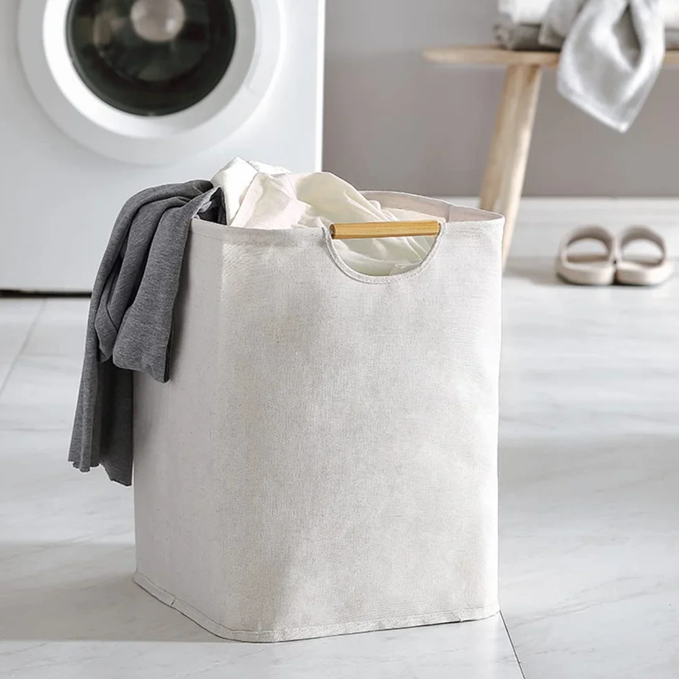 Cesto Ropa Sucia Plegable Portátil 40×30×30 cm con Mango de Madera, Impermeable para Salas, Dormitorios, Viajes