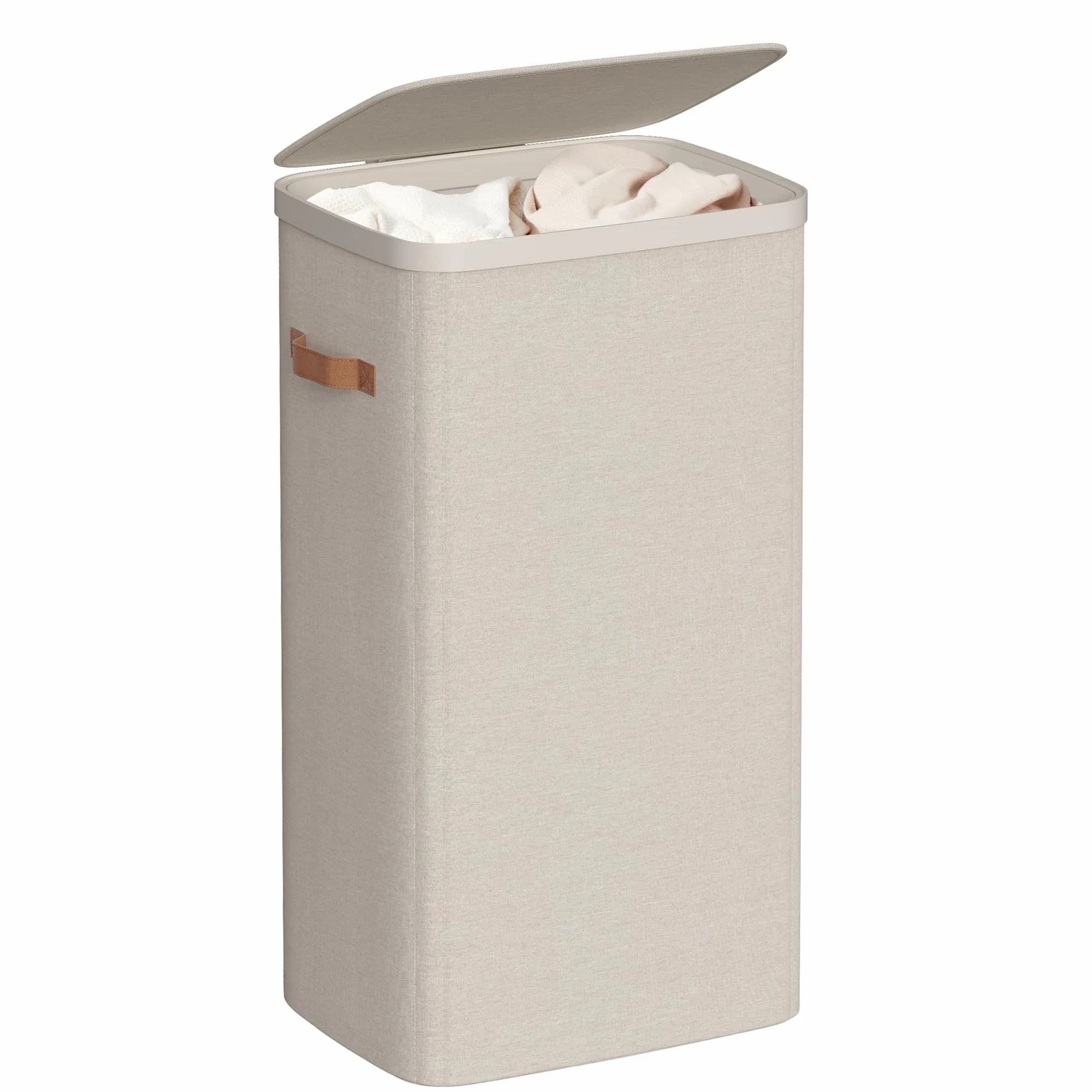 SONGMICS Cesto para la Ropa Sucia, Bolsa de Basura de 100 L, Fácil Montaje, con Asas para la Tapa, Bolsa Interior Extraíble, 42 x 32 x 75 cm, Beige Capuchino LCB811LH01