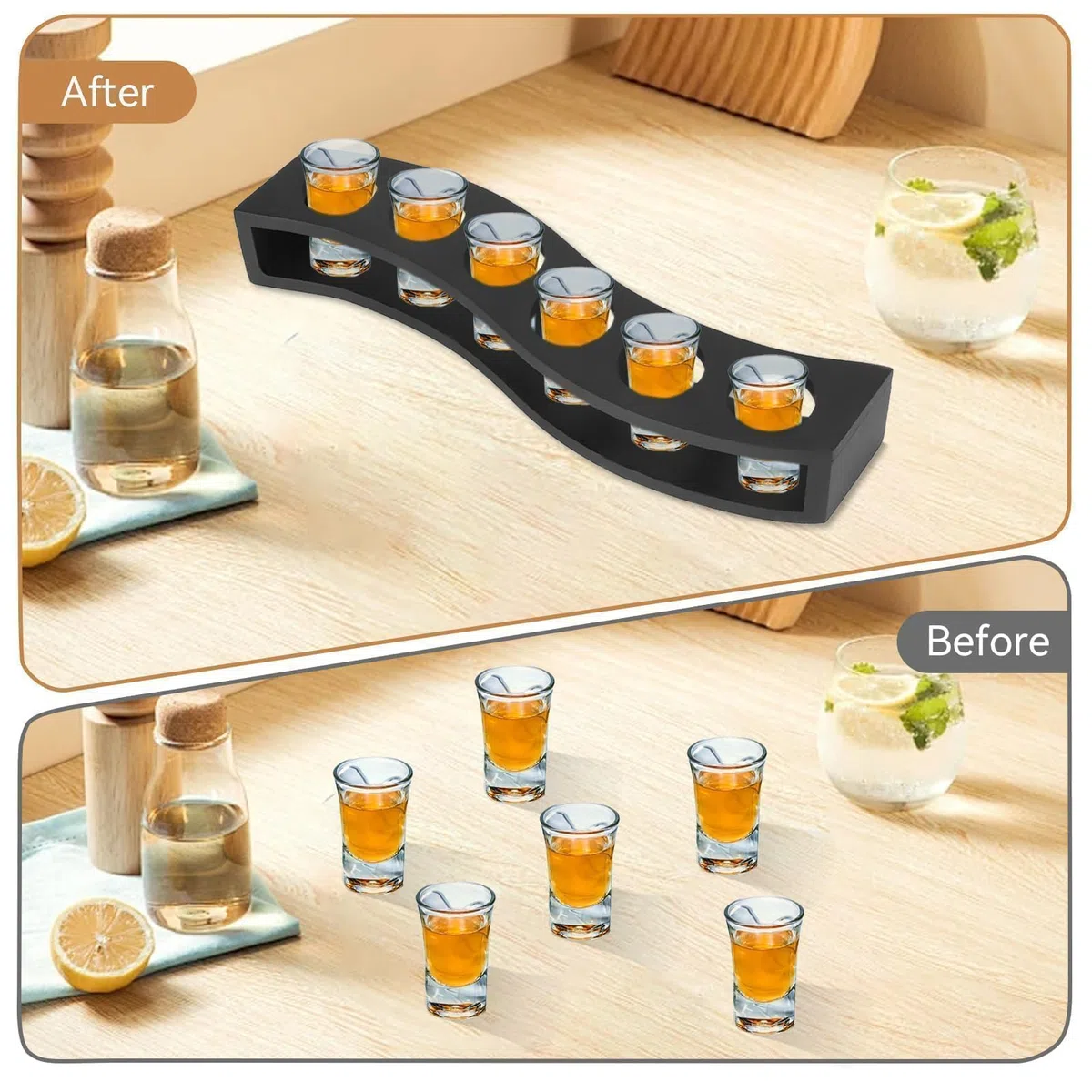 Vasos de chupito Soporte para cócteles, organizador de tablas para servir bebidas, 6 agujeros, paleta de bebidas de madera, bandeja para servir vasos de chupito negros para barra de fiesta en casa(02)
