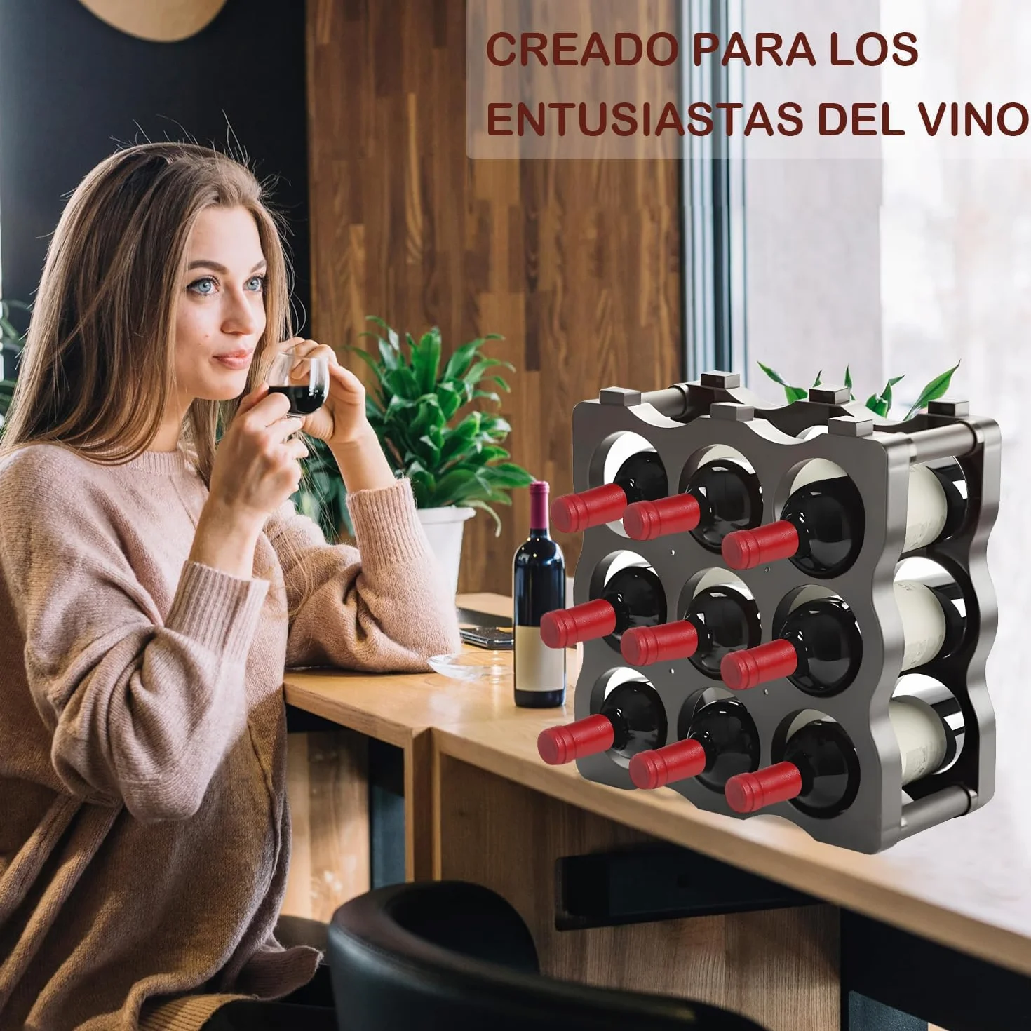 Soporte para Botellero Modular de Plástico Apilable para 9 Botellas, Estanterías para Botellas de Vino, Estante de Almacenamiento para Exhibición de Vinos, Ideal para Hogar, Bar y Bodegas