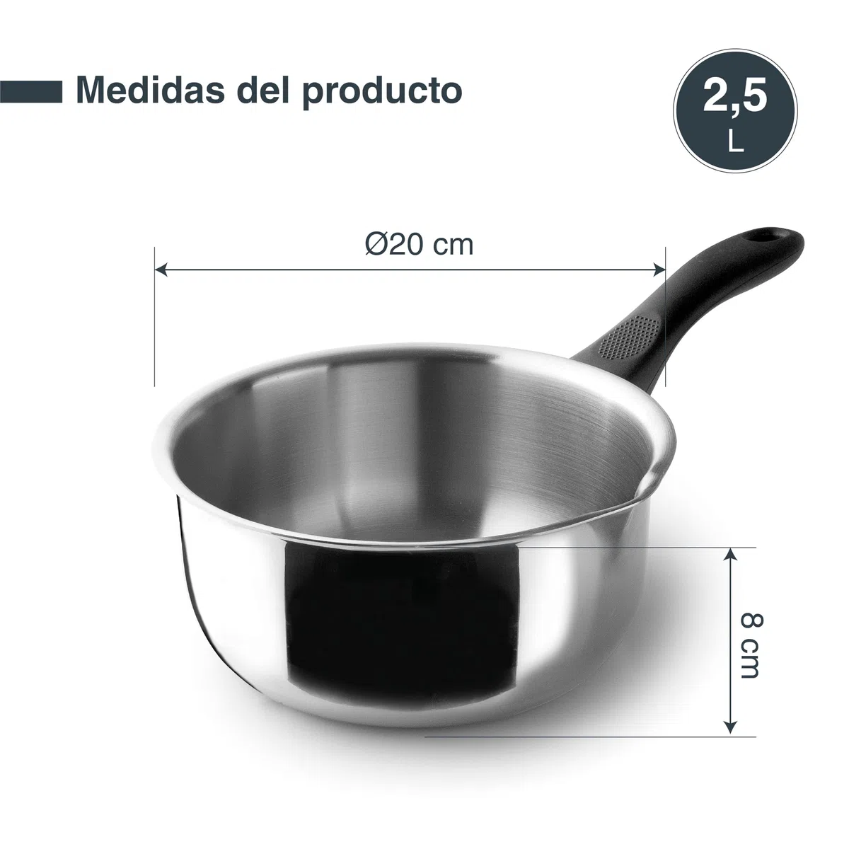 Lacor - 31320 - Cazo Recto Vertidor Garinox, Acero Inoxidable, Pico Vertidor, Mango Ergonómico de Baquelita, 2.5 Litros, Apto para Inducción, No apto para Horno, Apto para Lavavajillas, Ø20cm