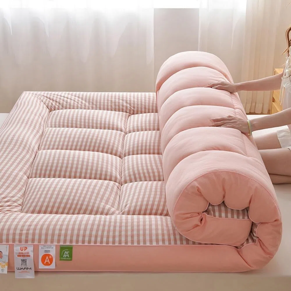 Futón plegable japonés grueso, cómodo, suave, portátil, cama de invitados, camping, transpirable, color rosa, 90 x 200 cm