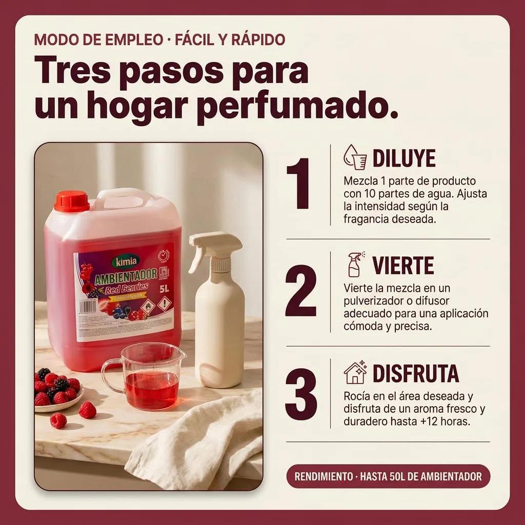 KIMIA - Ambientador de Hogar Red Berries 5L | Perfumador con Fragancia Duradera a Frutos Rojos | Para Cualquier Estancia de Casa, Coche y Oficina | Fórmula Concentrada | Ambiente Fresco y Perfumado