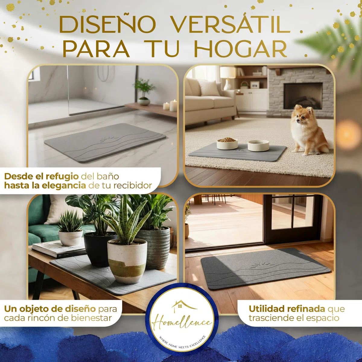 Homellence Alfombra Diatomita Baño 60x39 cm Secado Rápido Antideslizante Higiénica - Alfombrilla Diatomita Antibacteriana Absorbente - Alfombra Baño Piedra - Stone Bath Mat (Solaris Aura)