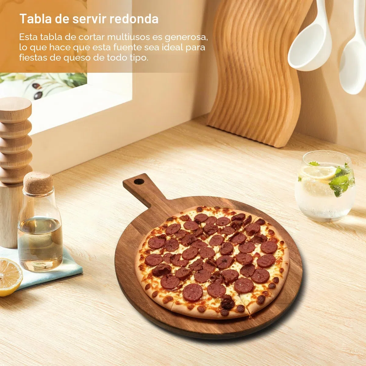 Tabla de pizza de madera de acacia redonda con asa, 30 x 40 x 1,5 cm, para sashimi, bistec y tartas