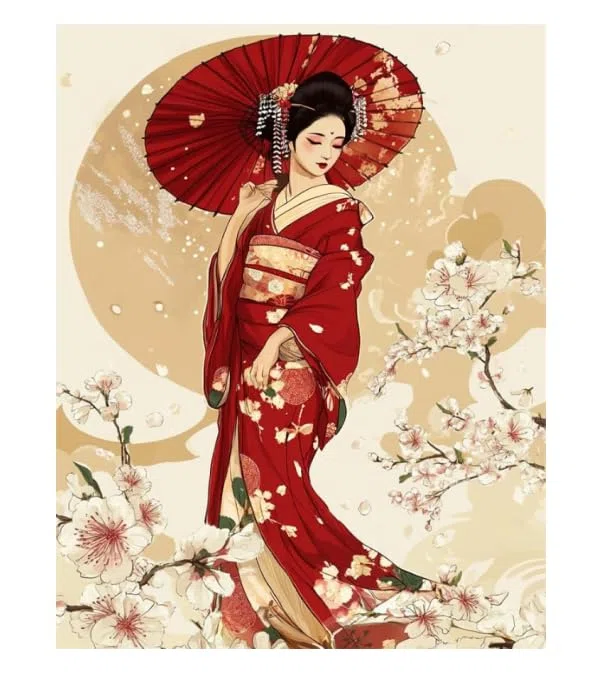 XFENDOUDOU Plantillas punto de cruz niños Mujer con kimono japonés de anime Patrone Cuadro Kit Punto de Cruz con Hilos y Tela Impresa 16x20inch