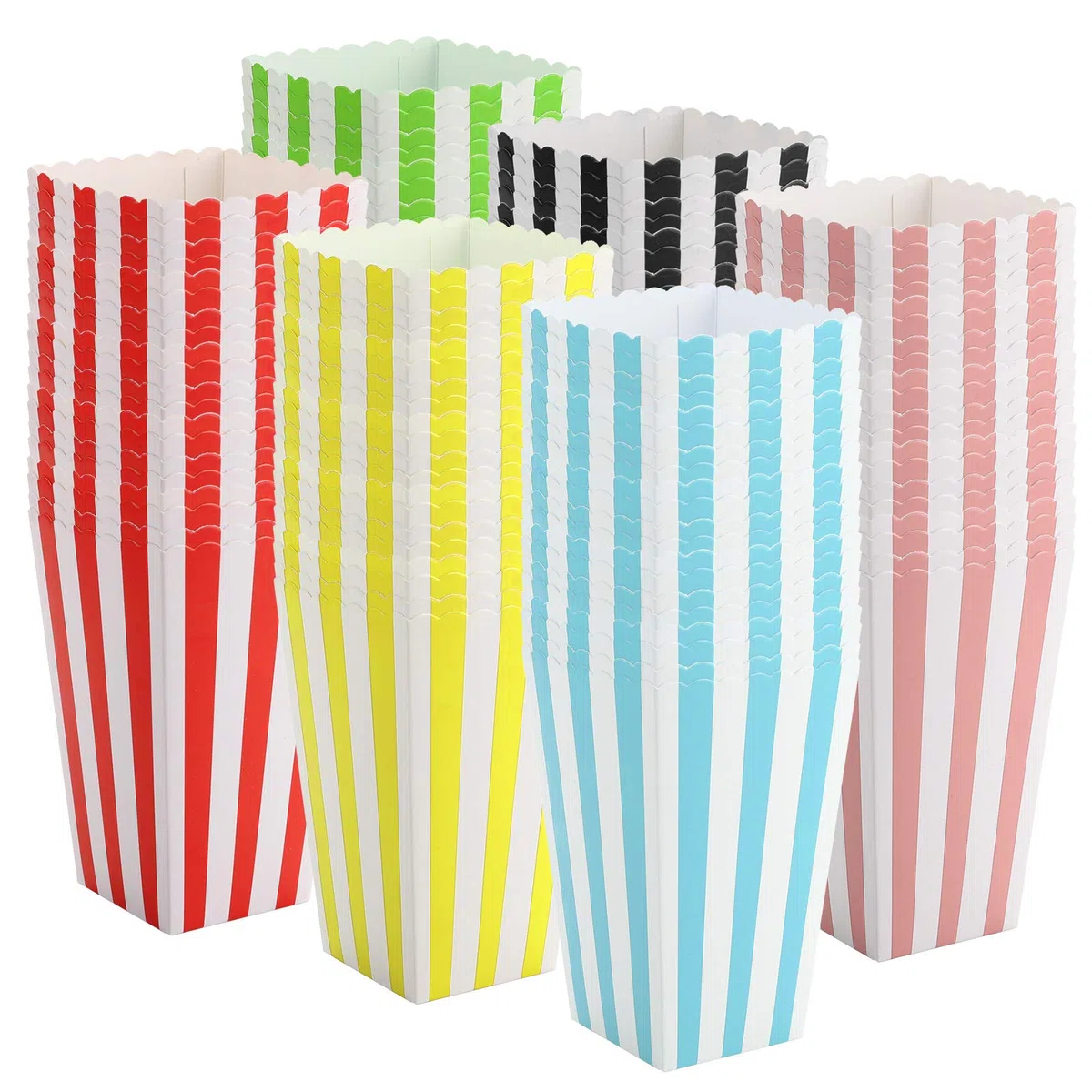 Bekith Paquete de 120 cajas de palomitas de maíz para fiesta de cine, cajas de palomitas de maíz a rayas coloridas, recipientes pequeños de papel ideales para cine en casa, fiesta de carnaval
