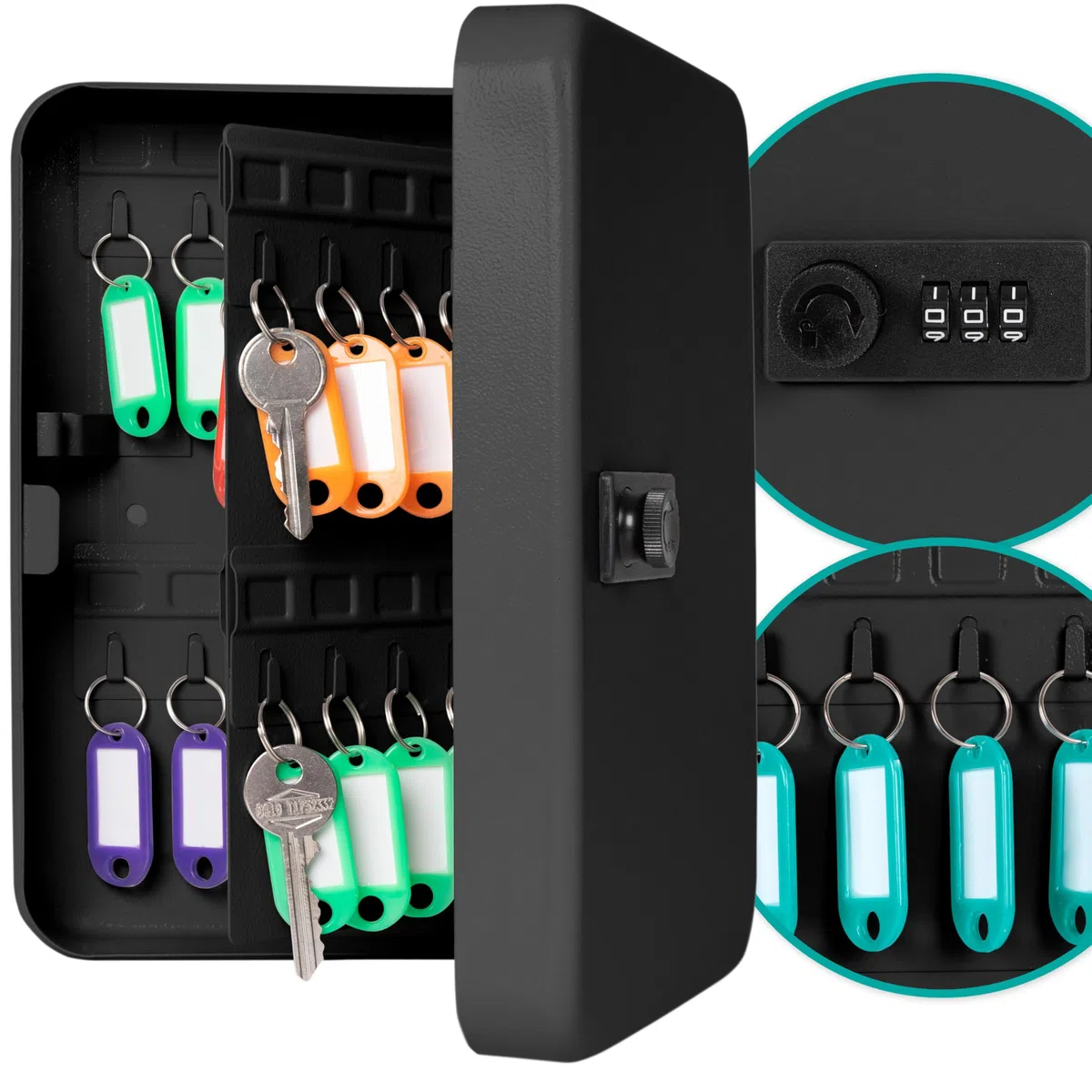 Caja para llaves de pared con código - 48 ganchos - Armario de llaves seguro - Para llaves de casa y coche - Con 48 llaveros de colores - Metal - Negro - BKY481