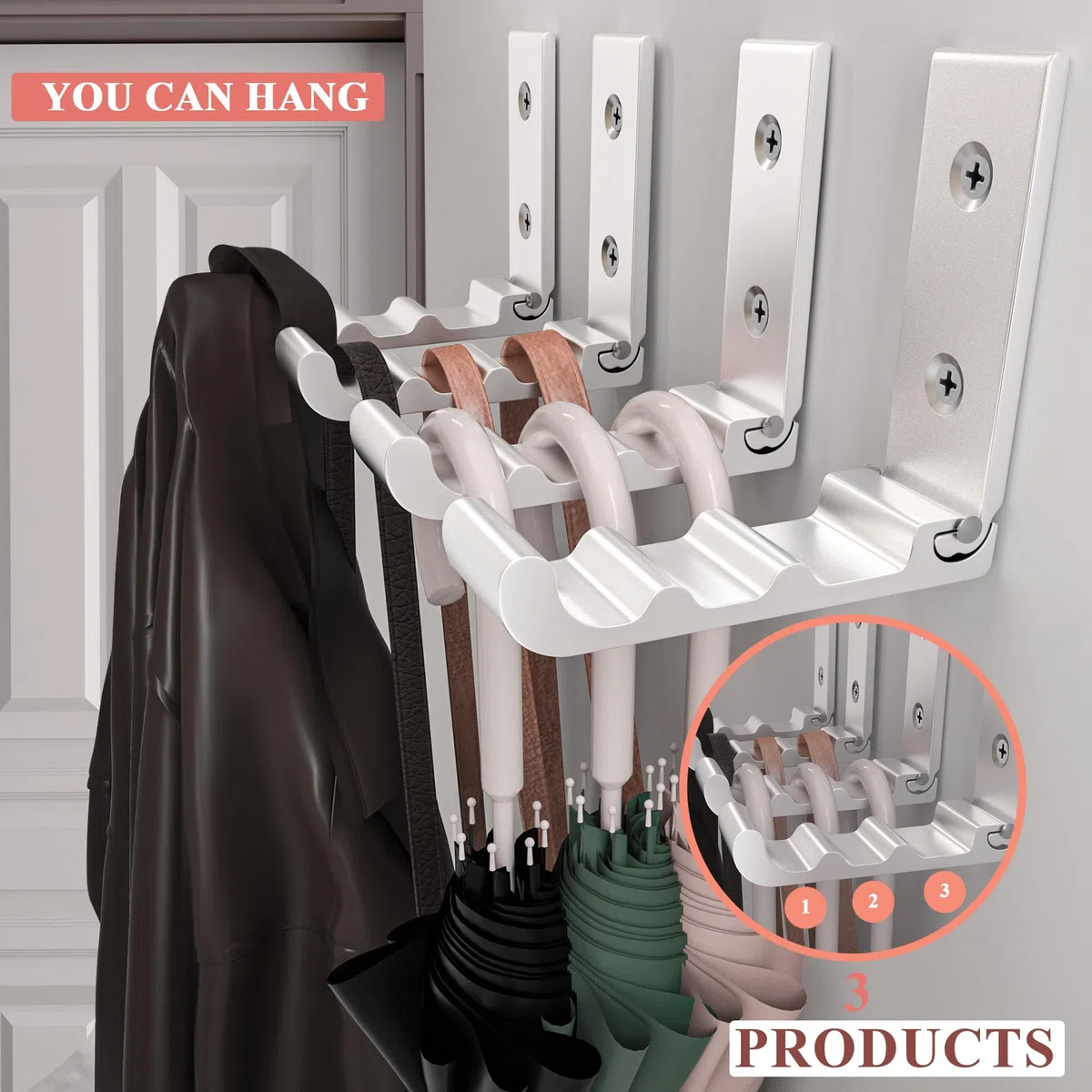 OHIYO Ganchos de pared plegables, paquete de 6 ganchos de pared para colgar abrigos, toallas, perchas, sombreros, mochilas, ganchos de pared, ganchos plegables ondulados (Plata)