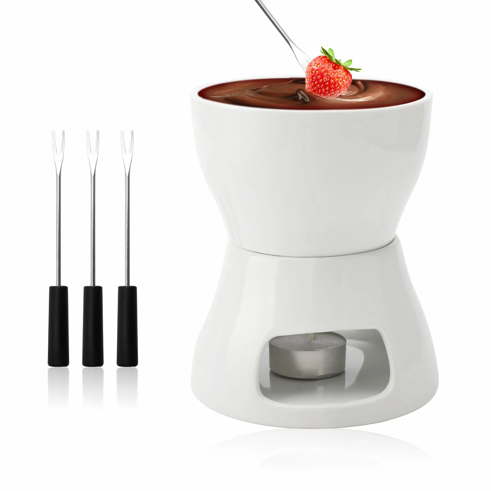BRISKORE Juego de fondue de cerámica para fondue de chocolate, fondue de chocolate, cuenco de cerámica con portavelas y 4 tenedores, juego de fondue de chocolate para chocolate, queso, fondue, cenas