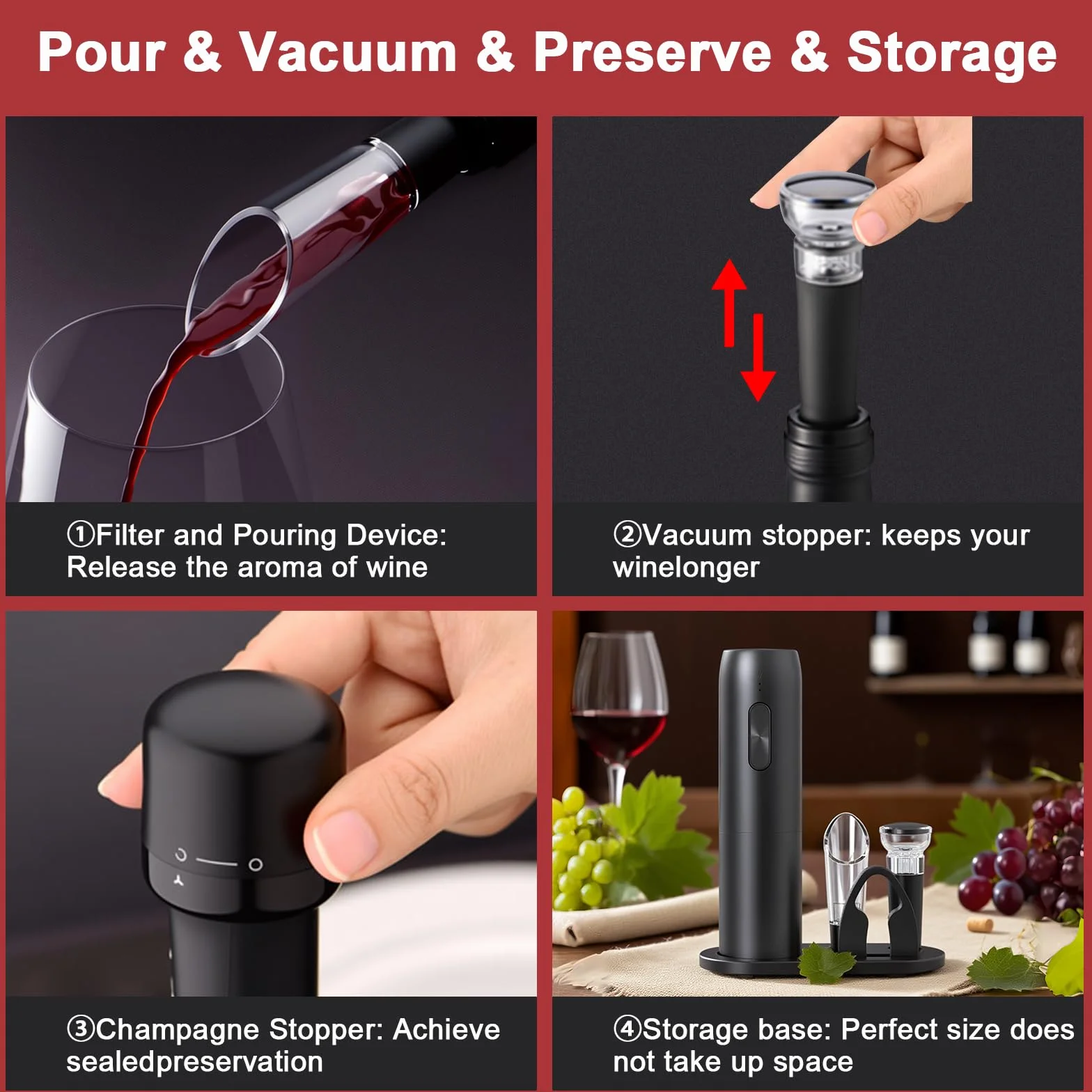 UCAMP Sacacorchos Eléctrico Recargable,Abridor de Vino Eléctrico 6 en 1 Juego de Regalo,Abrebotellas Eléctrico con Base,Cortacápsulas,Vertedor y Tapón de Vacío,Cable USB,Regalo de para Los Amantes