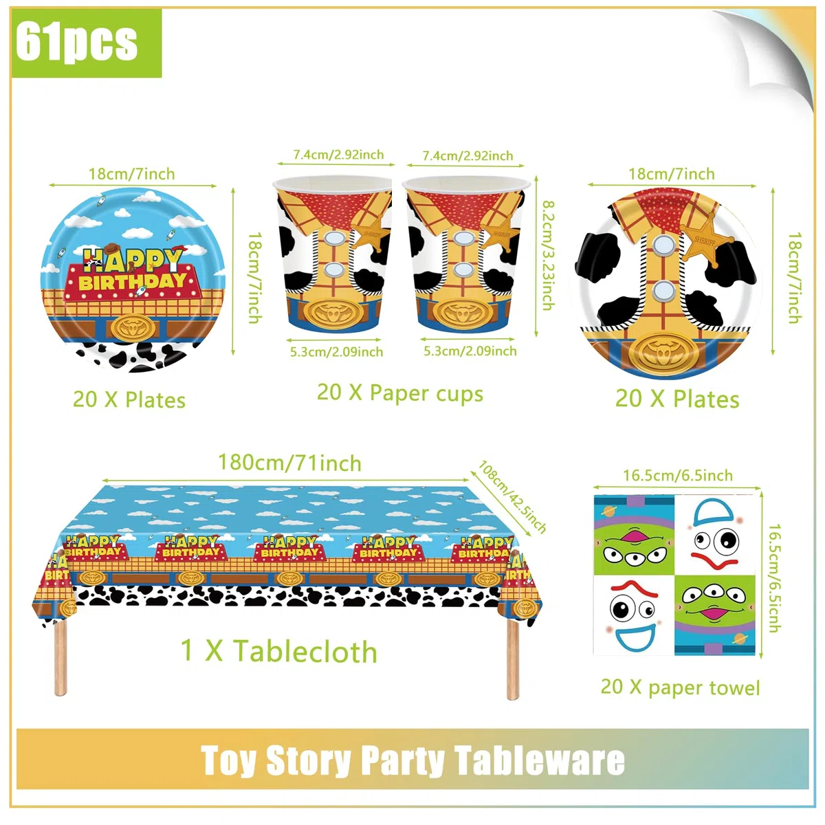 61 piezas Juego de vajilla de cumpleaños con temática de juguetes para niños, compuesto por vasos, platos, mantel y servilletas, suficiente para 20 invitados.