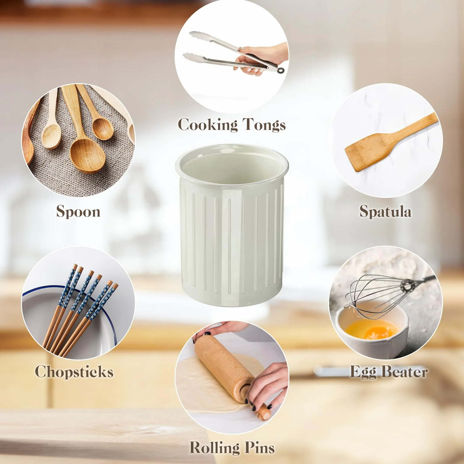 PAVSTINE Soporte Utensilios Cocina de Cerámica, 13,4 x 11 cm Bote para Utensilios, Relief Porta Cubiertos para Encimera Cocina, Superficie Acristalada Brillante, Blanco