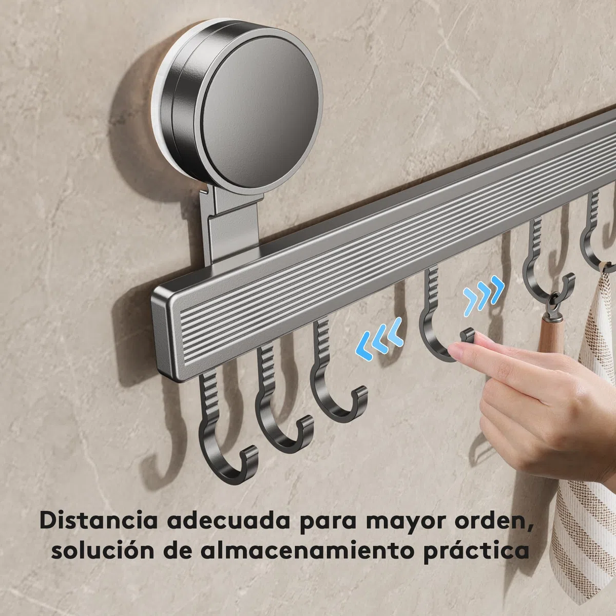 Barra de ganchos para cocina sin taladro con ventosa | 8 ganchos, 40 cm de largo, capacidad de carga de 20 kg, instalación en 1 minuto | Barra desmontable para utensilios de cocina