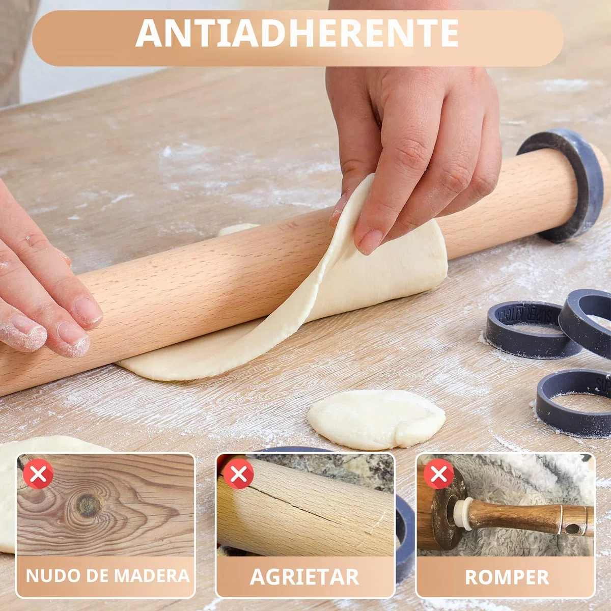 SUPER KITCHEN Rodillos de Amasar en Madera de Haya con 5 Discos Ajustables Anillo, Rodillo de Cocina, Accesorio para Hornear Pizza, Pasta, Galletas, Pastelería, Fondant (45cm)