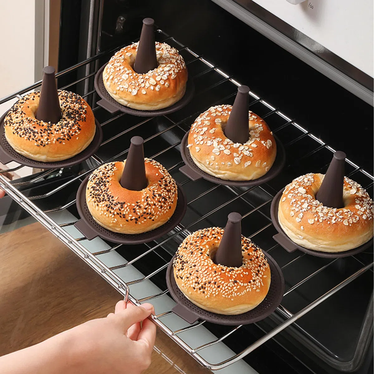 6 Unidades Bagels Silicona Marrón, Moldes para Donuts de Silicona, para Rosquillas, Bagels y Magdalenas (Marrón)