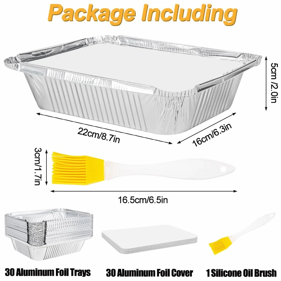 30 Piezas Bandejas de Papel Aluminio con Tapa, Bandejas de Aluminio Desechables con Cepillo de Silicona, Bandejas de Goteo Aluminio para Barbacoa, Hornear, Cocinar, Almacenar y Congelar